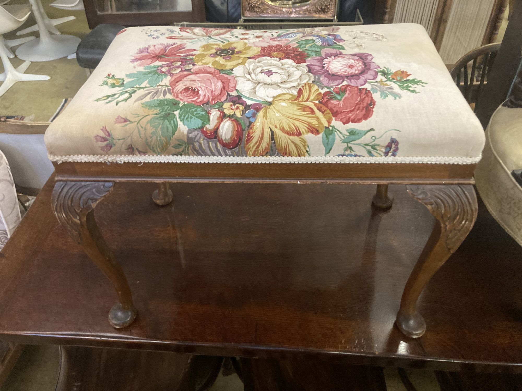 A late Victorian upholstered tub framed elbow chair, together a Queen Anne style dressing stool